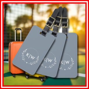 Dusty Blue and White   Modern Initials Monogram Luggage Tag
