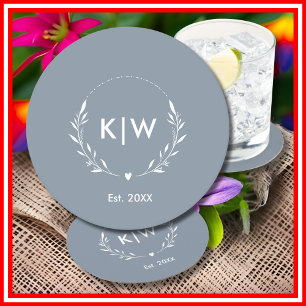 Dusty Blue and White Modern Initials Monogram Round Paper Coaster