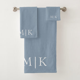 Dusty Blue and White Modern Monogram Bath Towel Set