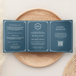 Dusty Blue and White Monogram QR Code Wedding Tri-Fold Invitation