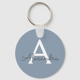 Dusty Blue and White Monogrammed Key Ring
