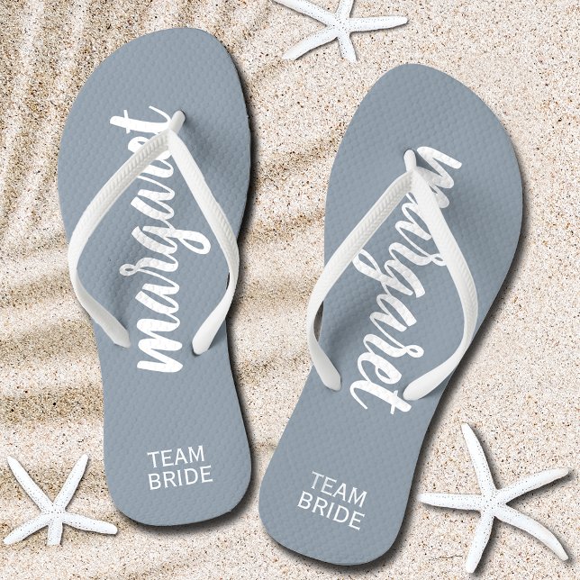 Dusty Blue and White Personalised Team Bride Jandals (Dusty Blue and White Personalized Team Bride Flip Flops)