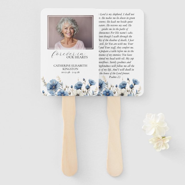 Dusty Blue and White Photo Memorial  Hand Fan (Front and Back)