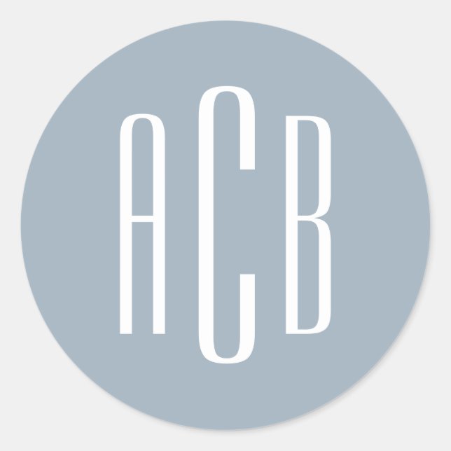 Dusty Blue and White Three Letter Monogram Classic Round Sticker (Front)