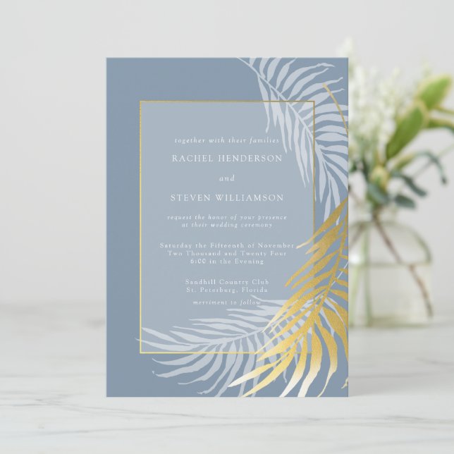 Dusty Blue and White Tropical Wedding Invitation (Standing Front)