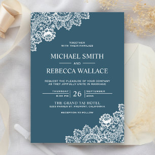 Dusty Blue and White Vintage Country Lace Wedding Invitation