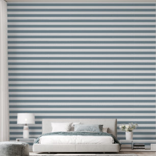 Dusty Blue and White Wide Horizontal Stripes Wallpaper