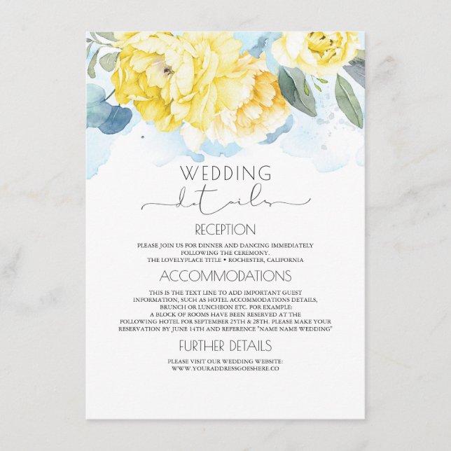 Dusty Blue and Yellow Floral Wedding Information Enclosure Card (Front)