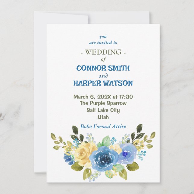  Dusty Blue and Yellow Floral Wedding Invitation (Front)