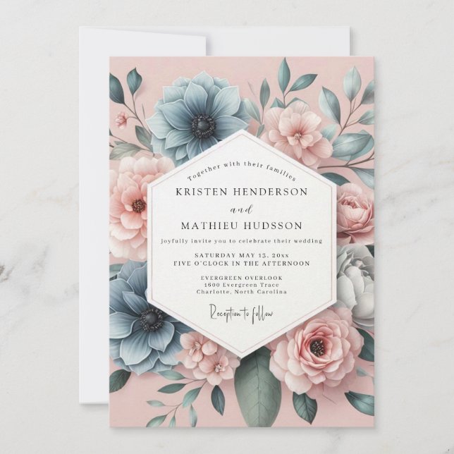 Dusty Blue Anemone Romance Wedding Invitation (Front)