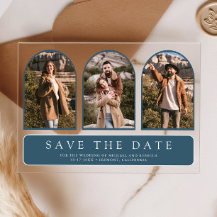 Dusty Blue Arch 3 Photo Wedding Save the Date Acrylic Invitations