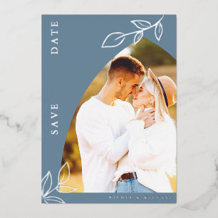 Dusty Blue Arch Foil Leaf Save The Date Card