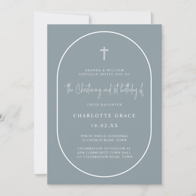 Dusty Blue Arch Modern Joint Christening Birthday  Invitation (Front)