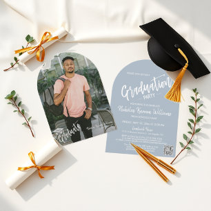 Dusty Blue Arch Photo Graduation Party QR Code Invitation
