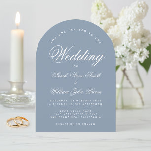 Dusty Blue Arch Simple Elegant Calligraphy Wedding Invitation