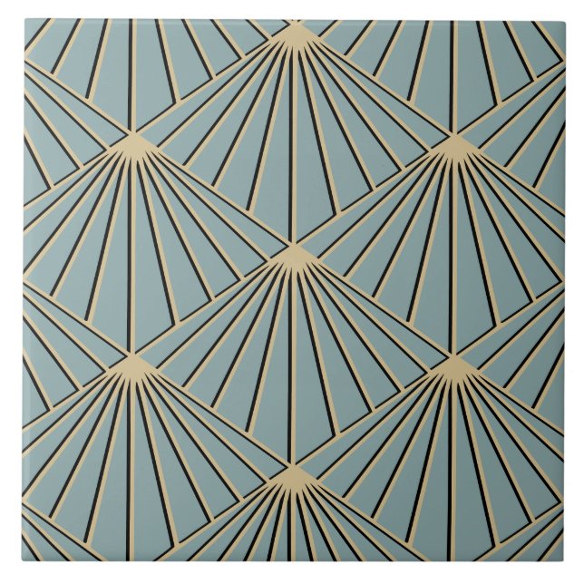Dusty Blue Art Deco Fan Pattern Diamond Tile (Front)