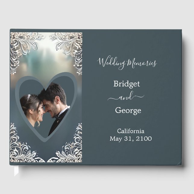 dusty blue art deco ornate frame wedding  guest book (Front)