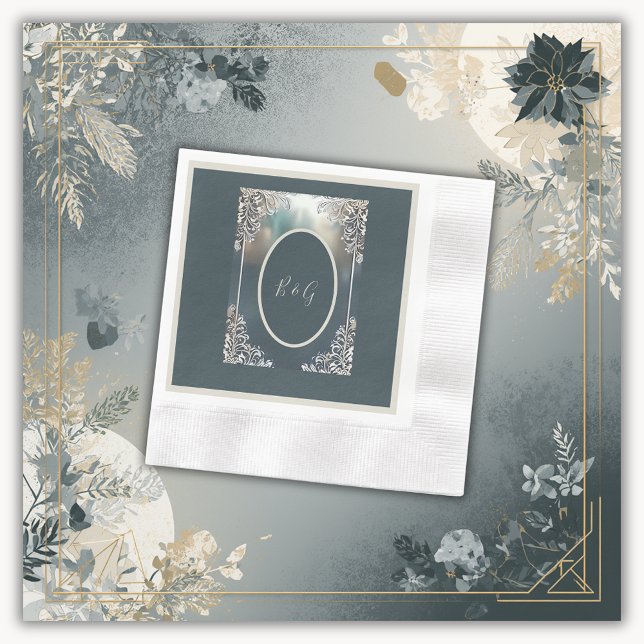 dusty blue art deco ornate frame wedding  napkin (Creator Uploaded)