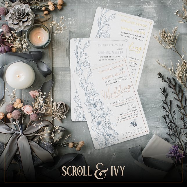 Dusty Blue Art Deco Wildflower Wedding Invitation (Creator Uploaded)