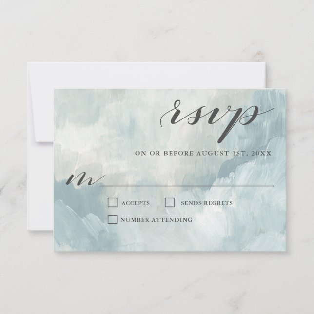 Dusty Blue Artistic Modern Abstract Wedding RSVP (Front)