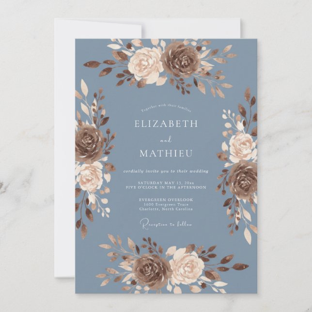 Dusty Blue Autumn Bloom Wedding Invitation (Front)