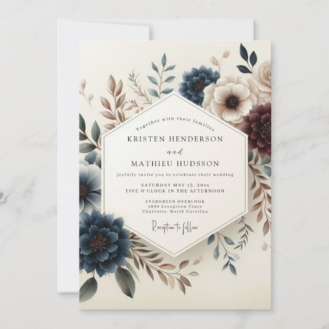 Dusty Blue Autumn Blossom Wedding Invitation (Front)