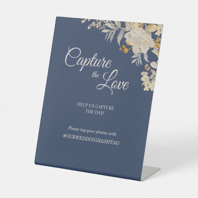 Dusty Blue Autumn Boho Wedding Capture the Love Pedestal Sign (Front)