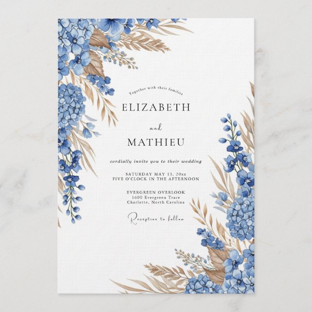 Dusty Blue Autumn Botanical Wedding Invitation (Front)