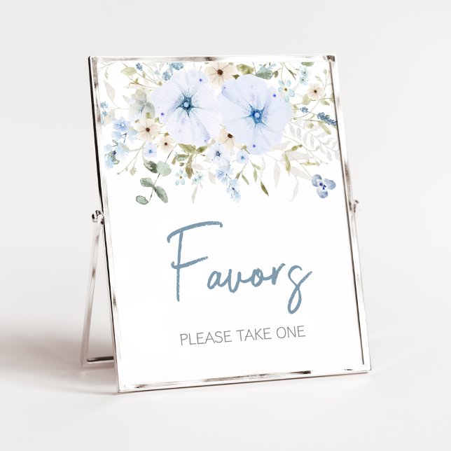 Dusty Blue Baby Bloom Baby Shower Favours Poster (Boy Spring Flowers Baby Shower Favors Sign)