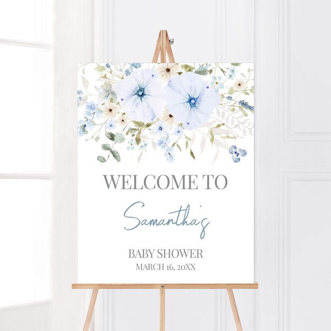 Dusty Blue Baby Bloom Baby Shower Welcome Poster (Boy Spring Flowers Baby Shower Welcome Sign)