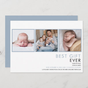 Dusty Blue Baby Boy 3 Photo Birth  Announcement