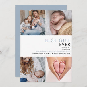 Dusty Blue Baby Boy Modern 4 Photo Birth  Announcement