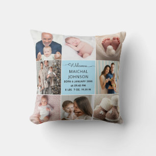 Dusty Blue Baby Boy Name Birth stats photo collage Cushion