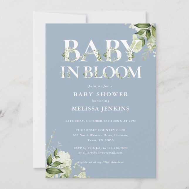 Dusty Blue Baby In Bloom Floral Photo Baby Shower Invitation (Front)