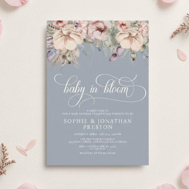 Dusty Blue Baby In Bloom QR Floral Baby Shower Invitation (Creator Uploaded)
