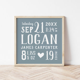 Dusty Blue Baby Name Birth Stats   Editable Colour Poster