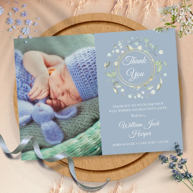 Dusty Blue Baby Photo  Floral Thank You Birth Announcement Postcard (Dusty Blue Baby Photo Floral Thank You Birth Announcement Postcard)
