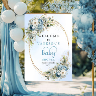 Dusty Blue Baby Shower Sign Watercolor Flowers