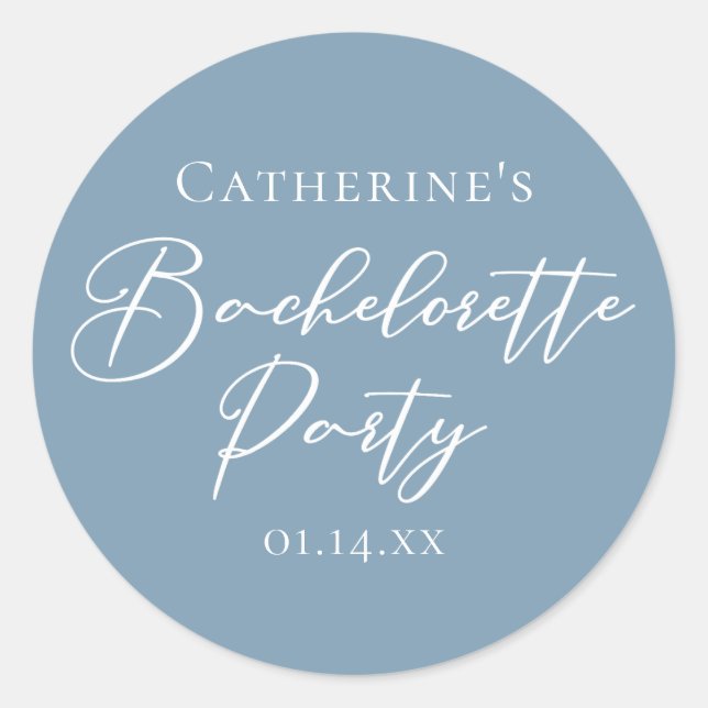 Dusty Blue Bachelorette Party Custom White Script Classic Round Sticker