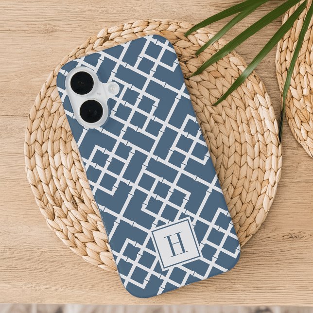 Dusty Blue Bamboo Lattice Pattern Monogram iPhone 16 Case (Creator Uploaded)