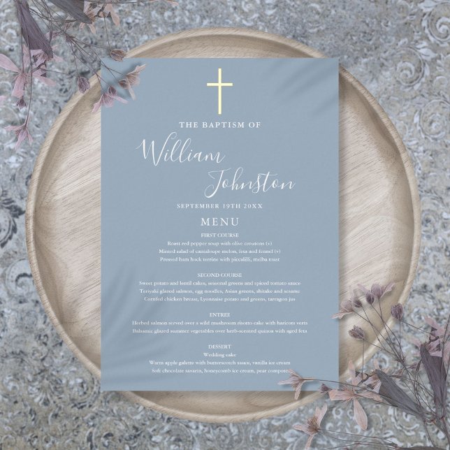 Dusty Blue Baptism Christening Gold Foil Menu Card (Dusty Blue Baptism Christening Gold Foil Menu Card)