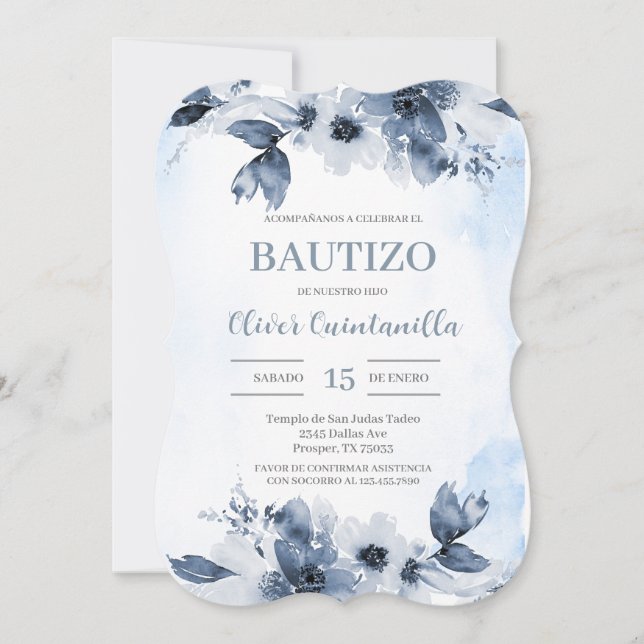 Dusty Blue Baptism Spanish invitation (Front)