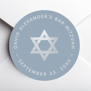 Dusty Blue Bar Mitzvah - Faux Silver Star of David Classic Round Sticker