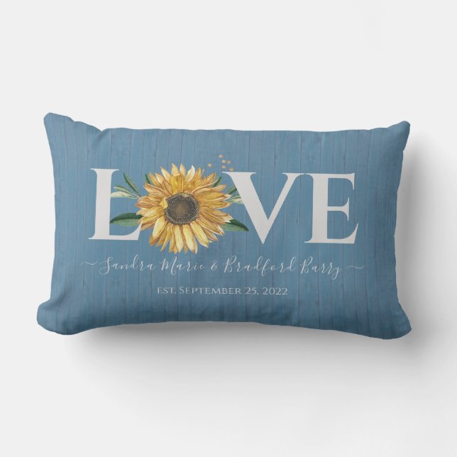 Dusty Blue Barn Wood, Golden Sunflower  Wedding  Lumbar Cushion (Front)