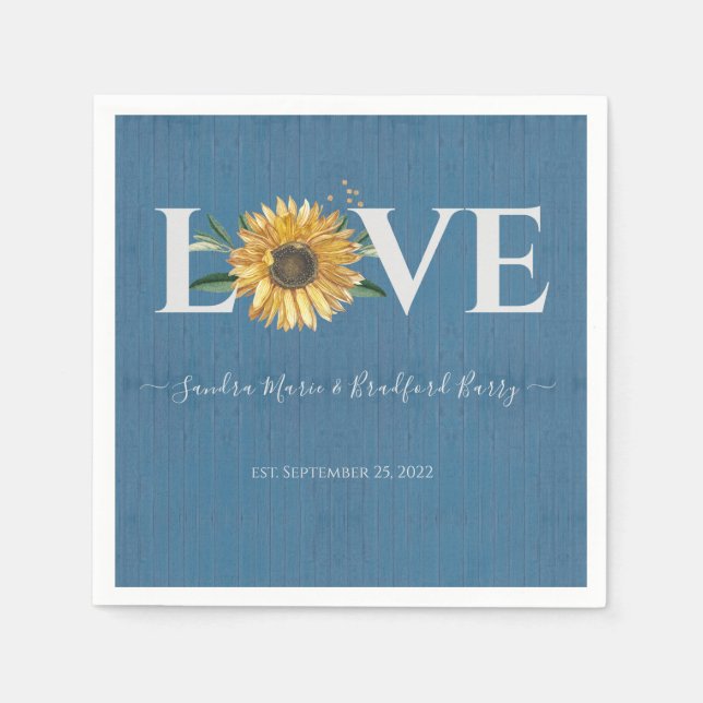 Dusty Blue Barn Wood, Golden Sunflower Wedding  Napkin (Front)