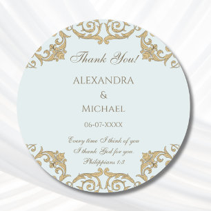 Dusty Blue Baroque Christian Wedding Thank You  Classic Round Sticker