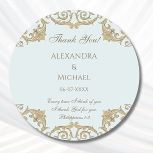 Dusty Blue Baroque Christian Wedding Thank You  Classic Round Sticker