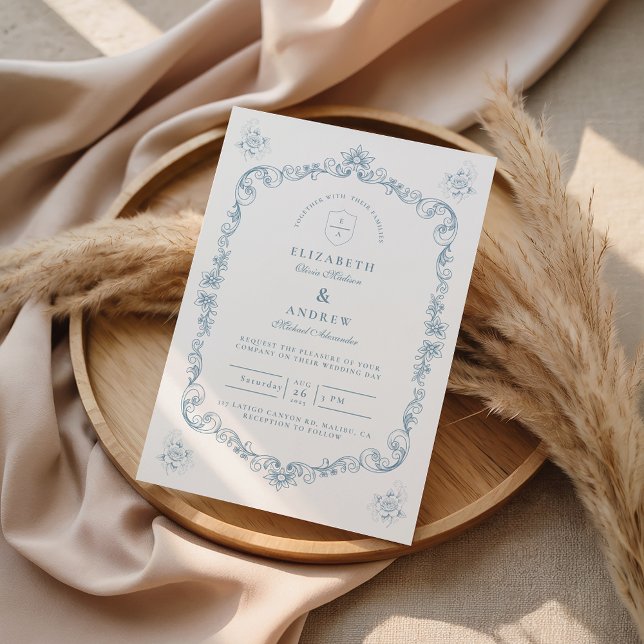 Dusty Blue Baroque Line Art Wedding Invitation (Creator Uploaded)