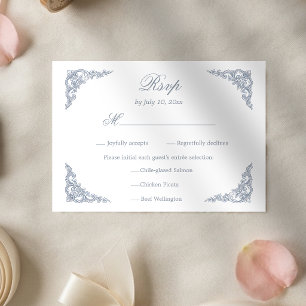 Dusty Blue Baroque Regal Scrollwork Wedding Meal RSVP Card