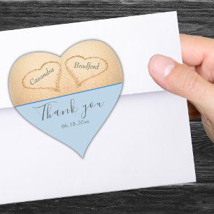Dusty Blue Beach 2 Heart Sand Wedding Thank You Heart Sticker